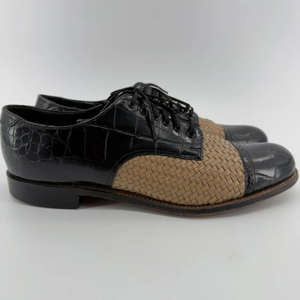 Stacy Adams Mens Black Croc Tan Woven Leather Cap Toe Oxford Shoes 10